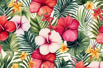 Seamless watercolor pattern of tropical flowers and leaves. Botanical wallpaper with lush plants. Generative AI