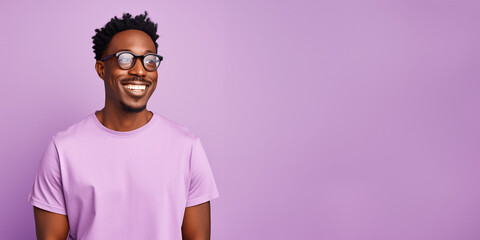 Handsome african american man wearing purple t-shirt and glasses. Isolated on purple background.