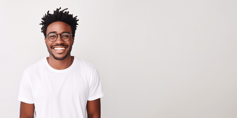 Handsome african american man wearing white t-shirt and glasses. Isolated on white background.