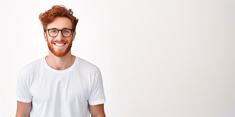 Handsome ginger man wearing white t-shirt and glasses. Isolated on white background. - obrazy, fototapety, plakaty