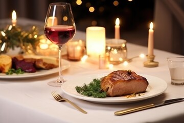 Beautiful Christmas table setting in minimalist style on a white background. New Year's Eve dinner