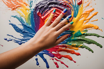 A vibrant and playful child's hand, covered in a rainbow of paint, creating a masterpiece on a blank canvas