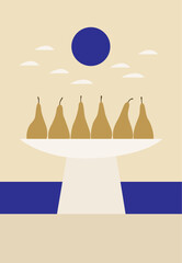 Autumn style still life. Illustration of the pears in the vase on the seaside background