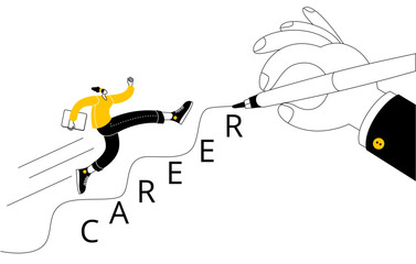 A girl in casual clothes with a laptop in her hands is running up the career ladder, which is drawn by a large rka. Vector illustration of career counseling and building a successful career.