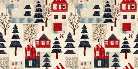 Rustic country christmas cottage with primitive hand sewing fabric effect. border. Cozy nostalgic shabby chic homespun ribbon trim with americana winter handmade crafts style edging. © Limolida Studio