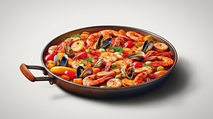 Traditional dish of Spain paella. Spanish dish paella. Rice with seafood. Rice with mussels, shrimp and octopus. Delicious paella with mussels in a frying pan. Generative ai.