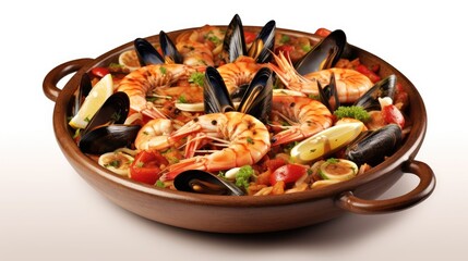 Traditional dish of Spain paella. Spanish dish paella. Rice with seafood. Rice with mussels, shrimp and octopus. Delicious paella with mussels in a frying pan. Generative ai.