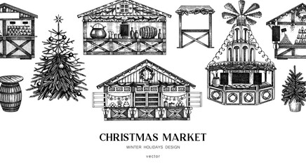 Naklejka premium Christmas market background. Hand drawn vector illustration. European holiday marketplace banner. Christmas tree, wooden stall, candy shop, bakery, mulled wine sketches. Architecture desin