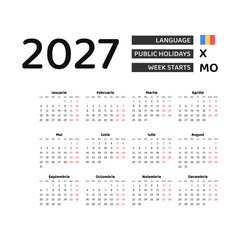 Calendar 2027 Romanian language with Romania public holidays. Week starts from Monday. Graphic design vector illustration.