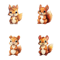 set of cute squirrel watercolor illustrations for printing on baby clothes, sticker, postcards, baby showers, games and books, safari jungle animals vector