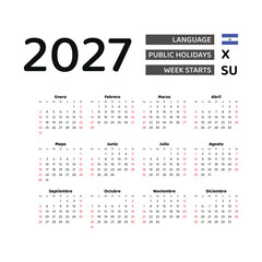 Calendar 2027 Spanish language with El Salvador public holidays. Week starts from Sunday. Graphic design vector illustration.