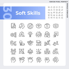 2D pixel perfect black icons pack representing soft skills, editable thin line illustration.