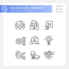 2D pixel perfect black icons set representing soft skills, editable thin linear illustration.