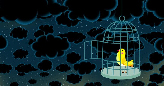 Freedom of a yellow bird captive in a cage sky night version. Cartoon character animation cute animal. Making freee good as metaphor for any material.
