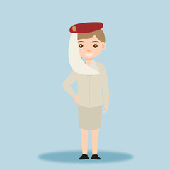 Stewardess. Woman hostess using uniform of boarding airplane girl vector cartoon characters. Stewardess and hostess attendant cartoon illustration