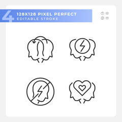 Pixel perfect black icons set representing soft skills, editable thin line illustration.