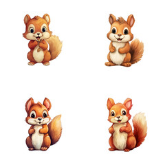 Obraz premium set of cute squirrel watercolor illustrations for printing on baby clothes, sticker, postcards, baby showers, games and books, safari jungle animals vector