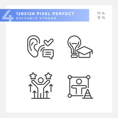 2D pixel perfect set of black icons representing soft skills, editable thin line illustration.