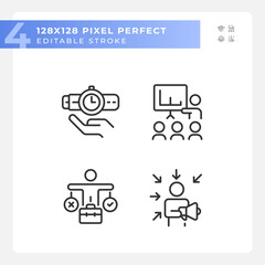 Pixel perfect black icons set representing soft skills, editable thin linear illustration.