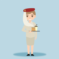 Stewardess. Woman hostess using uniform of boarding airplane girl vector cartoon characters. Stewardess and hostess attendant cartoon illustration