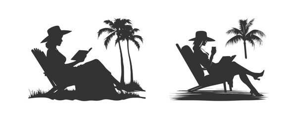 Silhouette of a girl reading a book on the beach. Vector illustration