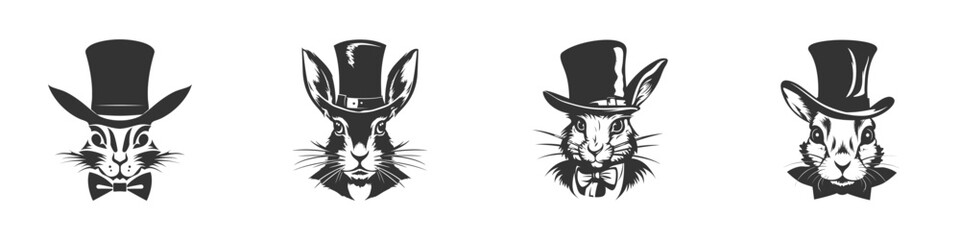 Silhouette of a hare face with a top hat. Vector illustration