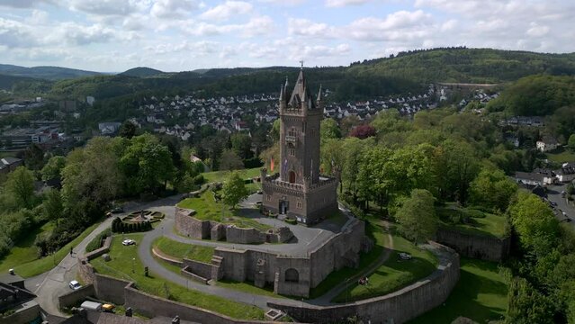 Drone flight to the historical Wilhelmsturm of Dillenburg town in germany