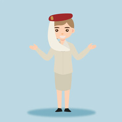 Stewardess. Woman hostess using uniform of boarding airplane girl vector cartoon characters. Stewardess and hostess attendant cartoon illustration