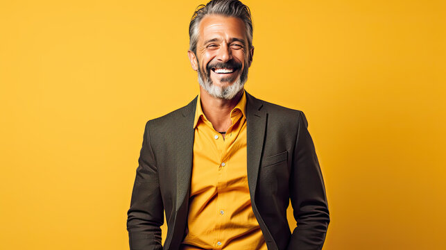 Photo of attractive emotional man friendly smile good mood wear office shirt isolated yellow color background