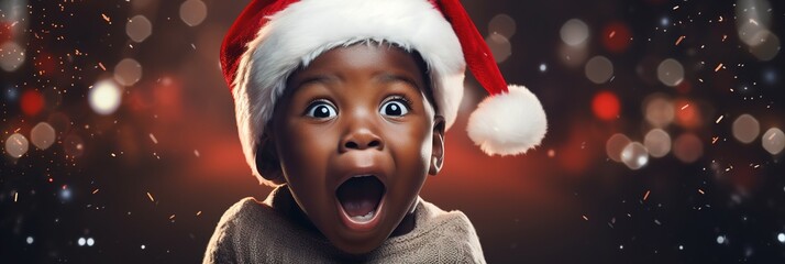 banner surprised shocked excited African American Christmas Child, Happy Baby Boy on festive...