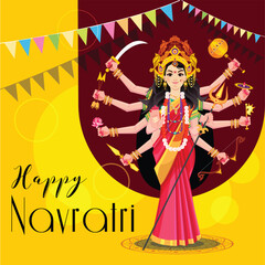 Fototapeta premium illustration of Goddess Durga Face For Happy Navratri, Couple Playing Garba and Dandiya in Navratri 