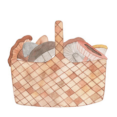 Watercolor illustration of forest mushrooms in a wicker basket. Autumn harvest. Hand drawn.