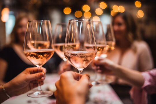 Close up of female hands clinking glasses of rose wine in restaurant