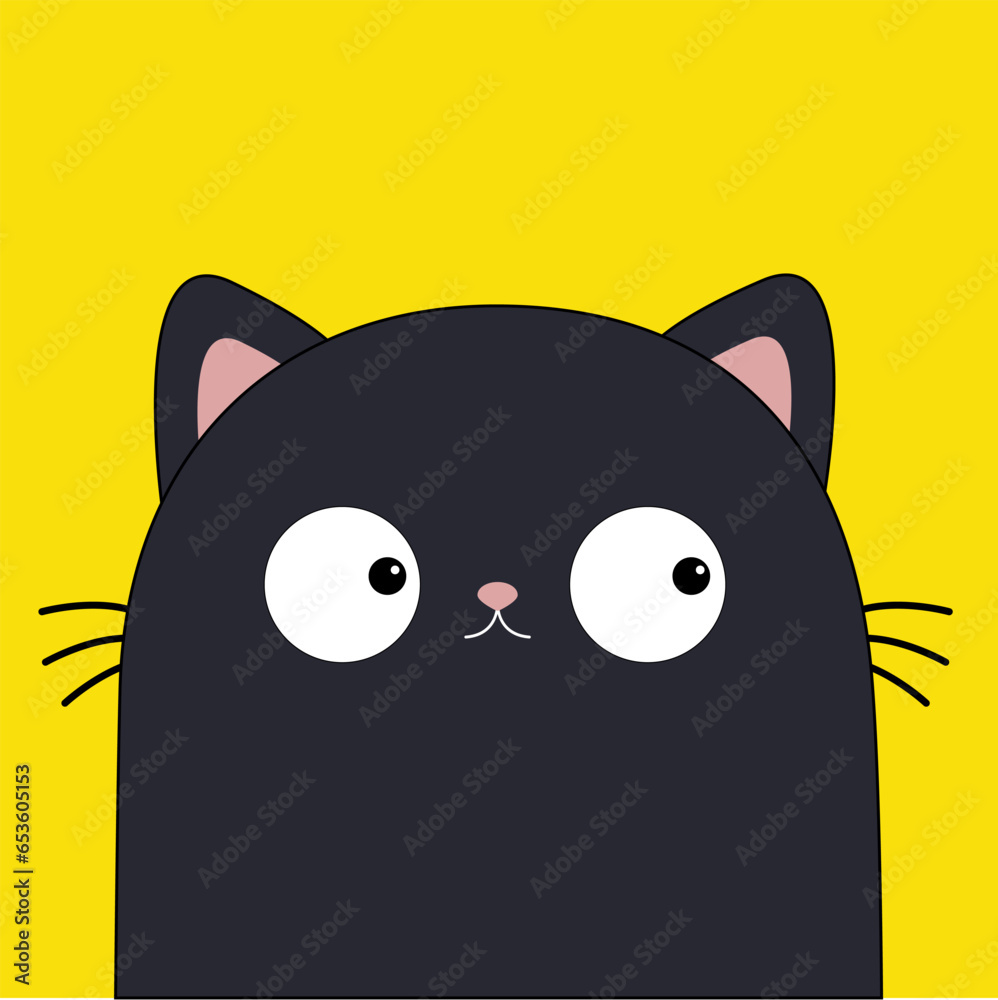 Wall mural black cat sad face head silhouette icon. kawaii pet animal. cute cartoon baby character. pink ears. 