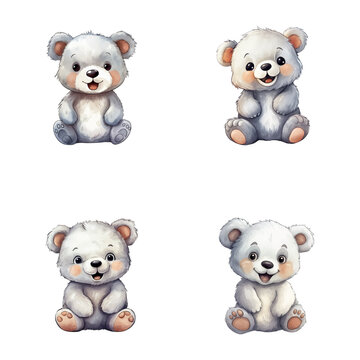 set of cute bear watercolor illustrations for printing on baby clothes, sticker, postcards, baby showers, games and books, safari jungle animals vector