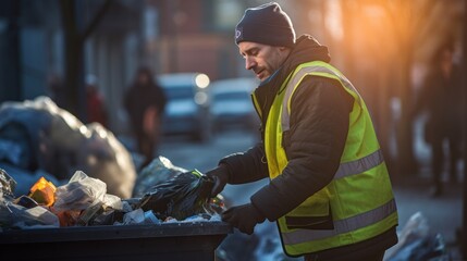 Garbage man working in the morning to picking plastic to garbage truck.