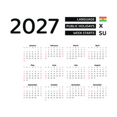 Calendar 2027 English language with Ghana public holidays. Week starts from Sunday. Graphic design vector illustration.
