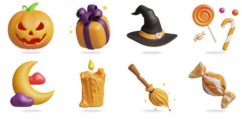 Halloween 3D vector icon set.
halloween pumpkin,gift box,witch hat,candy,moon and clouds,magic broom