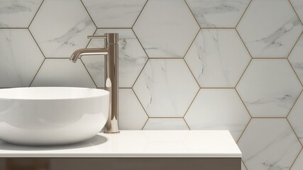 Gold steel vanity counter, white stone countertop, modern washbasin bowl in pastel blue hexagon...