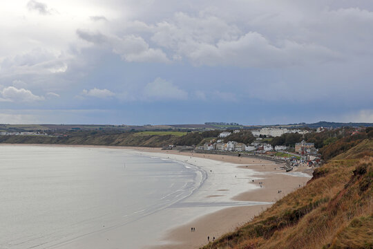 View of the beach of Filey, a seaside town and civil parish in North Yorkshire, England, United Kingdom. It has a large beach and became a popular tourist resort. 