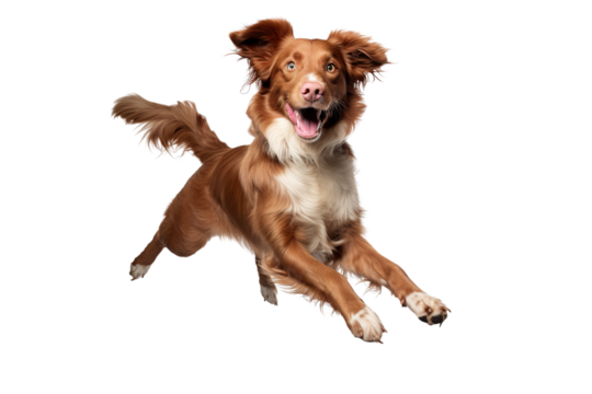 a beautiful dog jumping full body on a white background studio shot isolated PNG