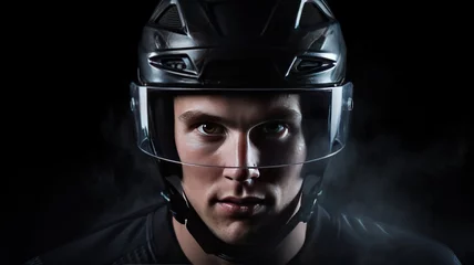 Fotobehang Portrait brutal professional man in hockey player gear on dark background. sport concept. AI. © yana136