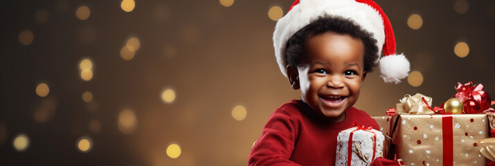 Banner Christmas Child on festive background, portrait Happy African American Baby Boy smiling in...