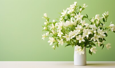 Bouquet of fragrant white jasmine flowers on a simple light green background, in a vase