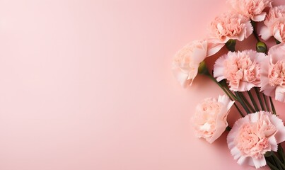 A collection of romantic pink carnations on a simple light peach background. Peach Fuzz. Color of the year 2024
