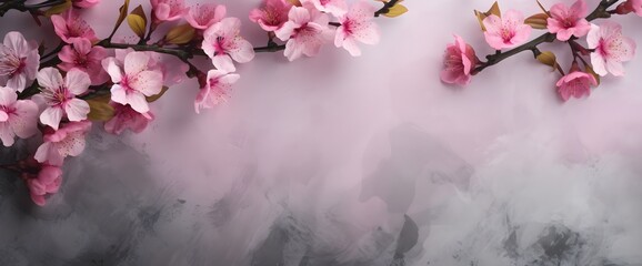 Pink cherry flowers on a simple grey background, banner with free space for text
