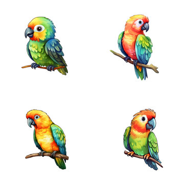 set of cute parrot watercolor illustrations for printing on baby clothes, sticker, postcards, baby showers, games and books, safari jungle animals vector