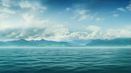 Blue-green clouds over the sea. Toned dark teal water and sky. Background with space for design. The mountains on the horizon. Calm, tranquility atmosphere. Wide banner. Webside header.
