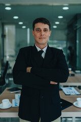 Portrait of an Asian male business owner standing with a computer showing happiness after a successful investment