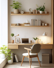 Fototapeta na wymiar A simplistic wooden desk, paired with an ergonomically designed chair. Floating shelves. Illuminated by a modern, slender floor lamp, casting a focused beam. Scandinavian minimalism